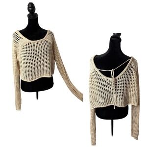 Lulus Open Knit Crochet Crop Top Long Sleeve Open Back Size M Cover Up BOHO